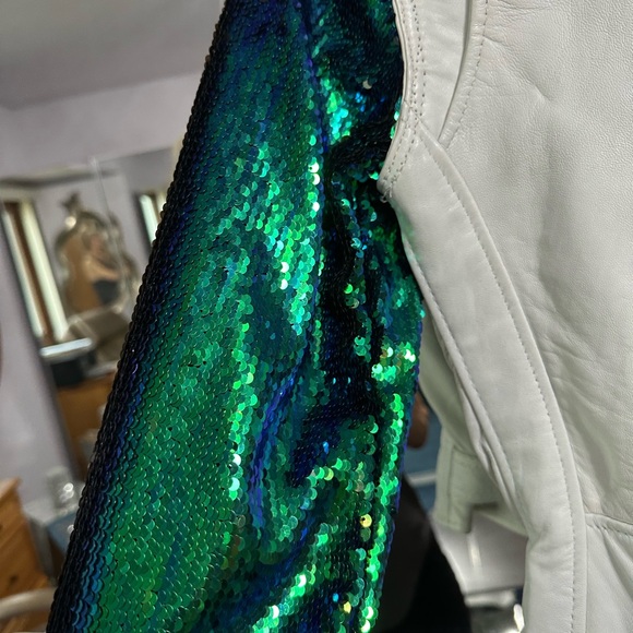 Sequin Sleeve White Leather Jacket - Picture 4 of 11